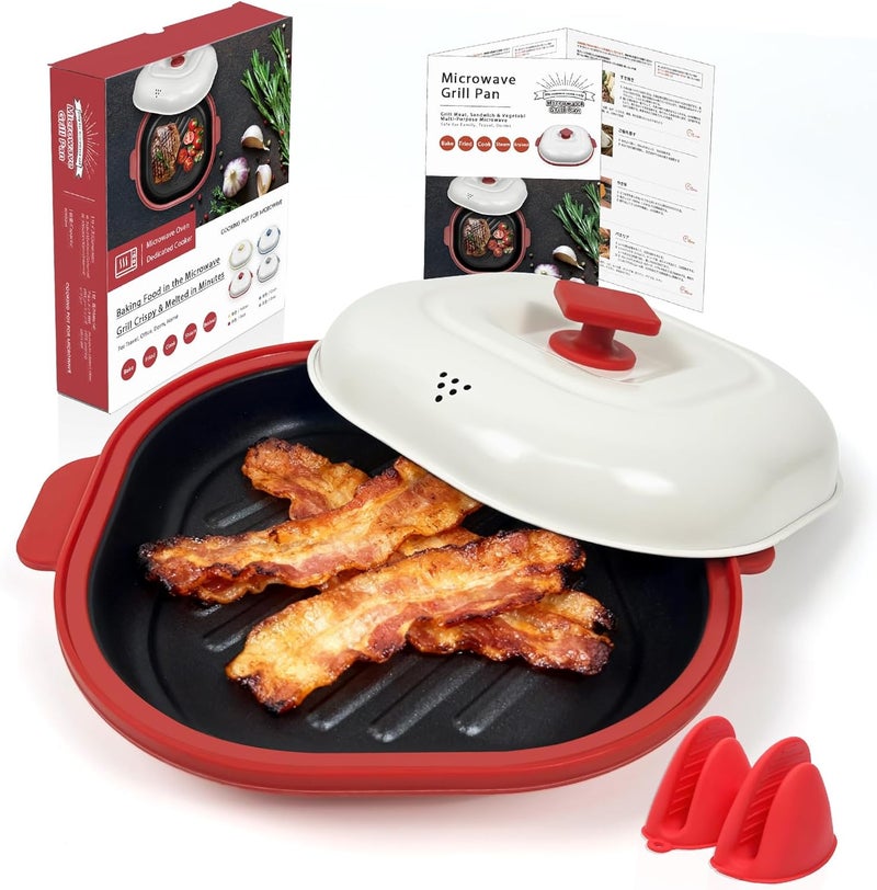 HJ Microwave Grill Pan with Cover, Microwave Cookware Multi-Use for Grilling, Frying, Browning and Crisping, Microwave Bacon Cooker Tray, Microwave Griller with Cover Safe and Easy to Clean (Red) - Image 1